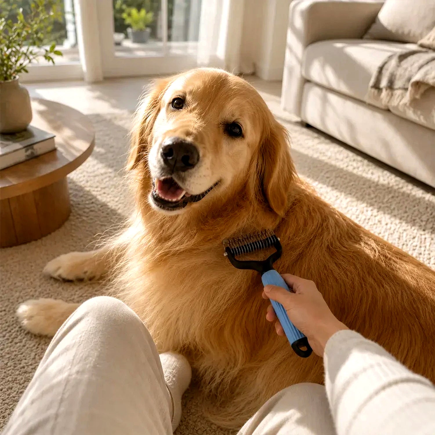 Dog being groomed with detangling comb