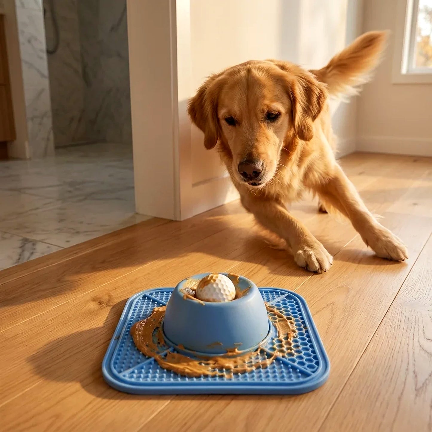 Dog approaching a blue slow feeder bowl and lick mat on a kitchen floor