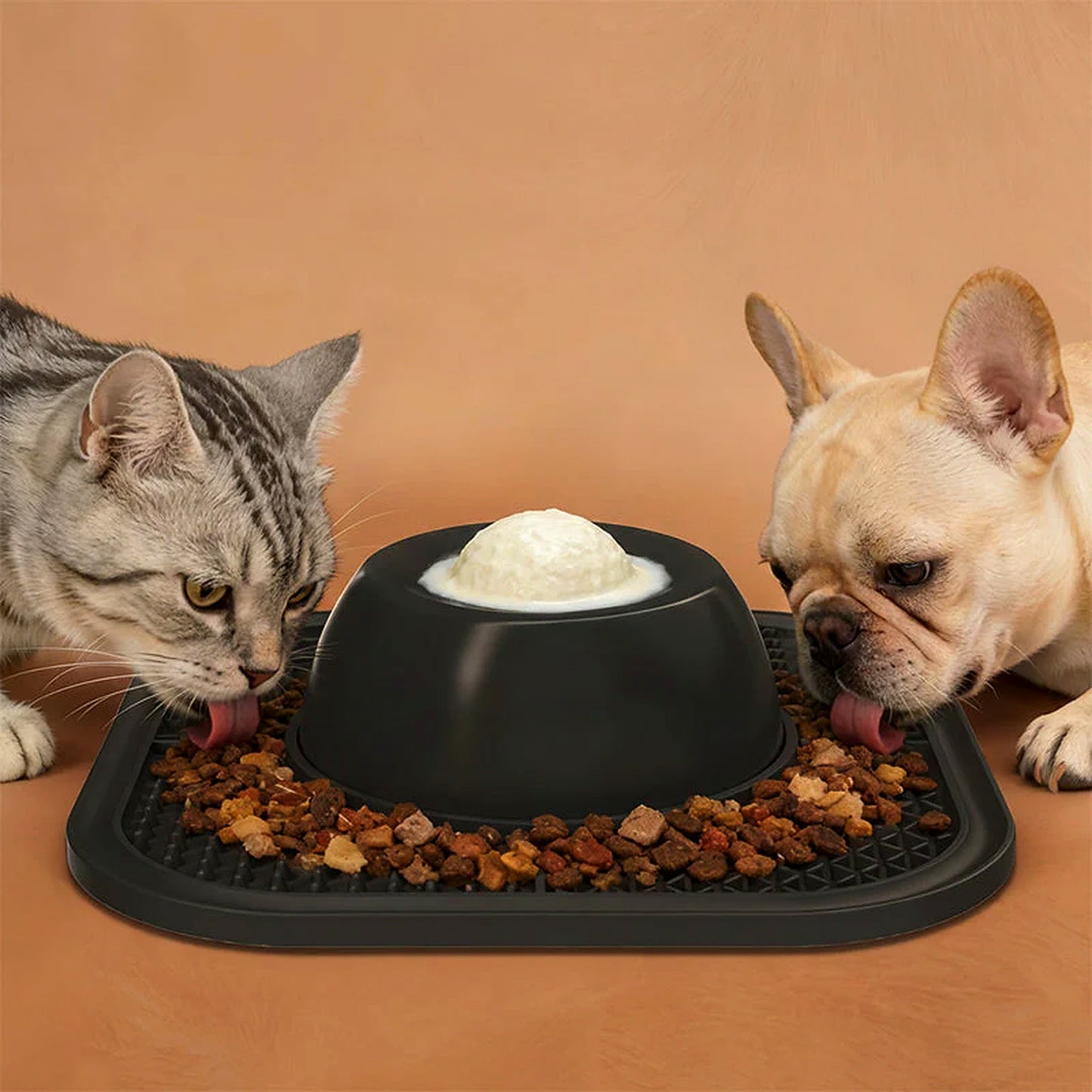 Cat and small dog eating from a black slow feeder bowl and lick mat