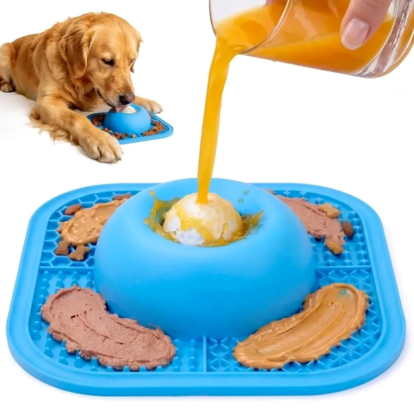 Blue slow feeder bowl and lick mat shown with liquid, wet food, and spreadable treats