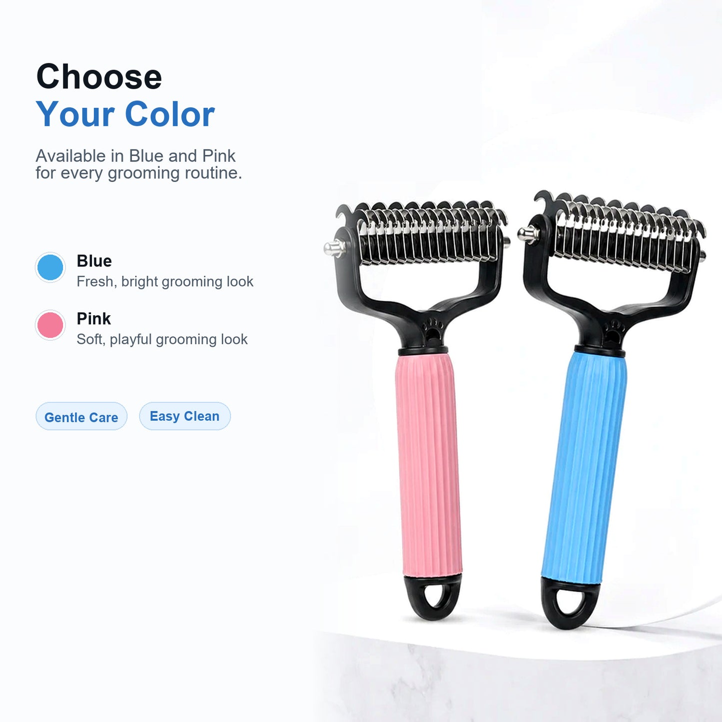 Blue and pink pet comb color options