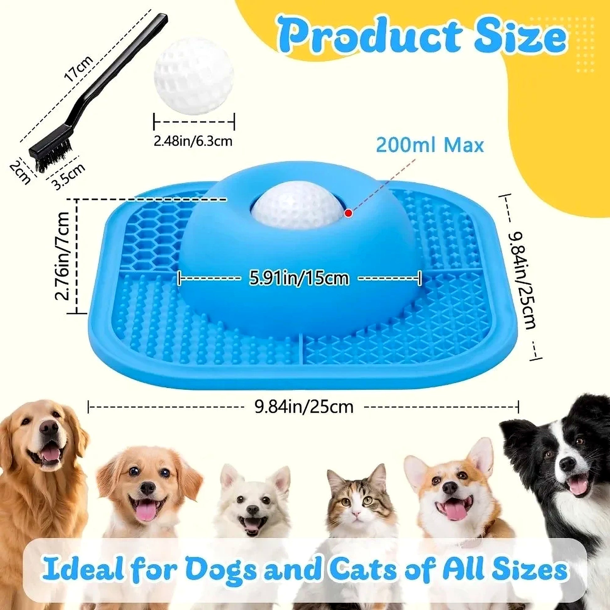 Slow feeder dog bowl size chart showing dimensions, 200 ml capacity, and included cleaning brush